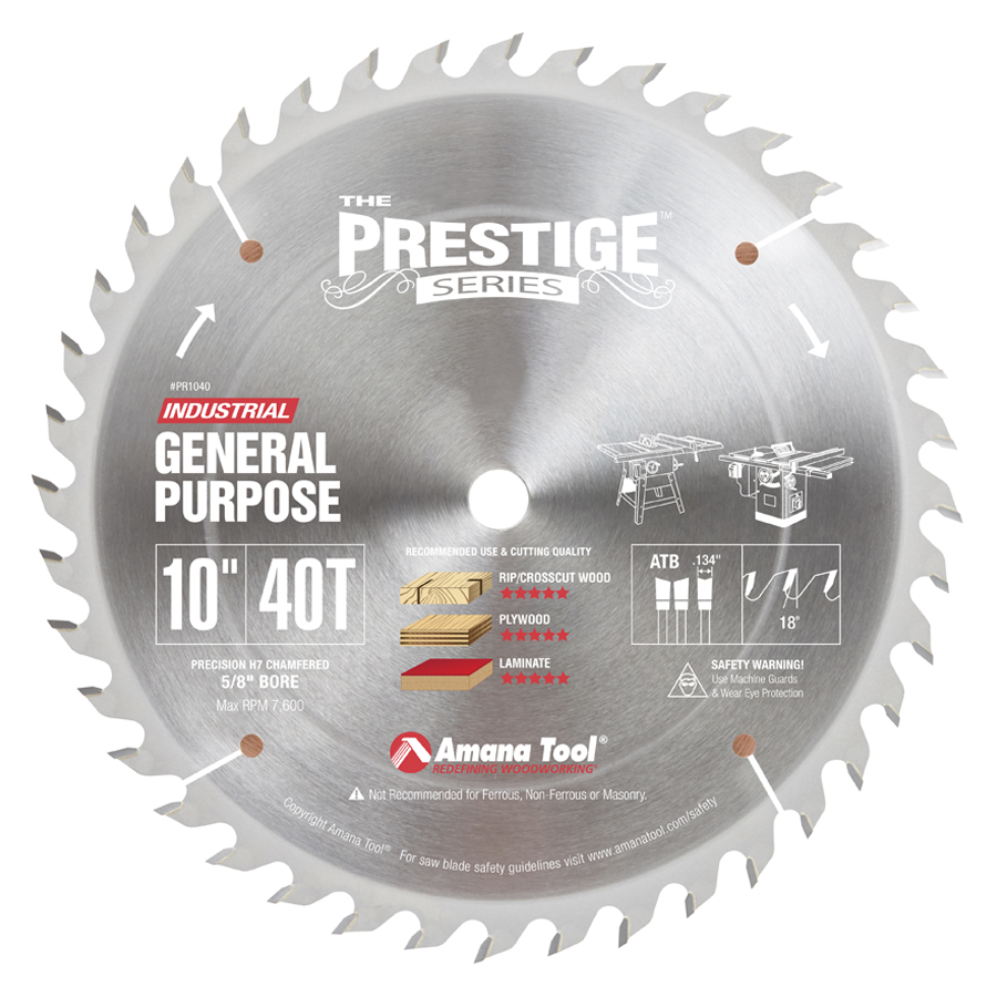 Amana PR1040 Carbide Tipped Prestige® General Purpose 10 Inch Dia 40T ATB, 18 Deg, 5/8 Bore