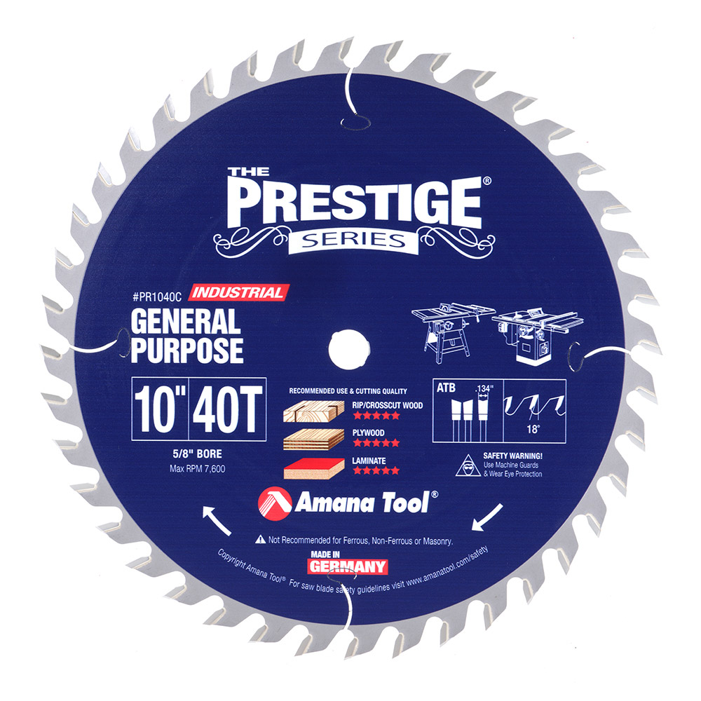 Amana PR1040C Carbide Tipped Prestige® General Purpose 10 Inch Dia 40T ATB, 18 Deg, 5/8 Bore