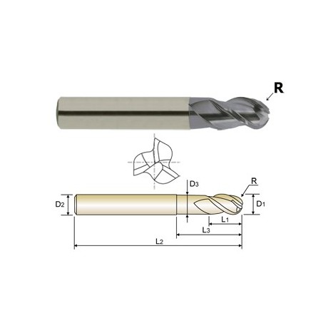 YG1-EG908040 - 4.0 x 6 x 6 x 8 x 65 R2.0 N3.7 - 3 Flute 40 Degree Helix Long Length Ball Nose With Neck Ticn Coated Carbide