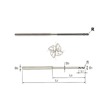 YG1-EIB07002 - 1/32 x 1/8 x 3/32 x 3 - 4 Flute 30 Helix Short Reach Ball Nose D-Power End Mill