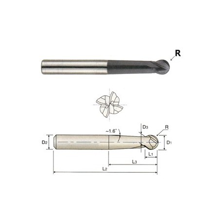 YG1-EM864100 - 10.0 x 10 x 40 x 100 N8.2 - 4Fl Long Sphere Type Ball Metric X-Power