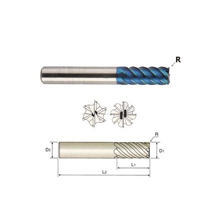 YG1-G85125 - 3/8 x 3/8 x 7/8 x 2-7/8. R.030 - 6 Flute 45 Degree Helix Corner Radius X-5070 Carbide End Mill