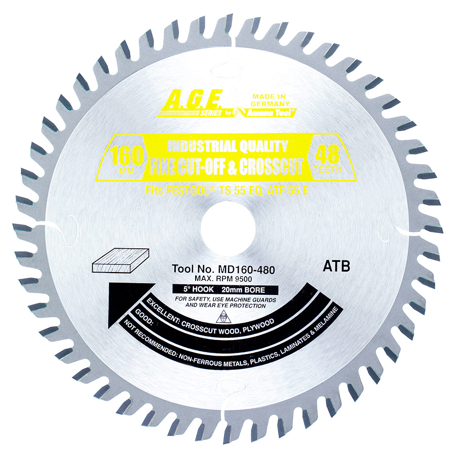 AGE MD160-480 160mm x 48T ATB Cut-Off & Crosscut Saw Blade 20mm Bore