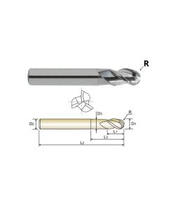 YG1-38566 - 3/16 x 1/4 x 1/4 x 3/8 x 2-1/2 x N.172 - 3 Flute Regular Length 40 Degree Helix Ball Nose Neck Alu-Power
