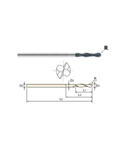 YG1-99980 - 3/16 x 3/16 x 1-1/8 x 2 x 4-3/4 - 2 Flute Long Reach Ball Nose Diamond Coated Carbide