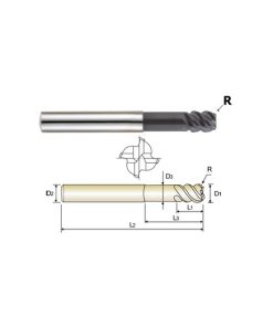 YG1-93596 - 7/16 x 7/16 x 1/2 x 1-1/2 x 3-1/4 x .395 R.109 - 4 Flute Stub Length 55 Deg Helix Corner Radius X-Power Carbide