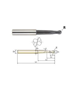 YG1-93526 - 1/16 x 1/4 x 5/32 x 2-3/8 - 2 Flute 30 Deg Helix Taper Neck Ball Nose X-Power Carbide