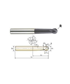 YG1-93295 - 1/8 x 1/4 x 5/32 x 1-1/4 x 3-1/4 - 4 Flute Long Length Ball Nose Economic Type X-Power Carbide