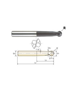 YG1-93410 - 1/8 x 1/4 x .100 x 1-1/4 x 3-1/4 - 2 Flute Long Length Ball Nose Sphere Type X-Power Carbide