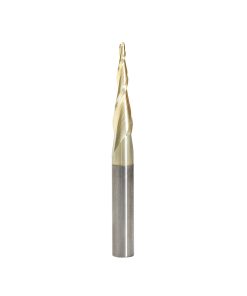 46252 CNC 2D and 3D Carving 5.5 Deg Tapered Angle Ball Tip x 1/16 Dia x 1/32 Radius x 1 x 1/4 Shank x 2-23/64 Inch Long x 2 Flute Solid Carbide Up-Cut Spiral ZrN Coated Router Bit