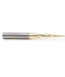 46252 CNC 2D and 3D Carving 5.5 Deg Tapered Angle Ball Tip x 1/16 Dia x 1/32 Radius x 1 x 1/4 Shank x 2-23/64 Inch Long x 2 Flute Solid Carbide Up-Cut Spiral ZrN Coated Router Bit