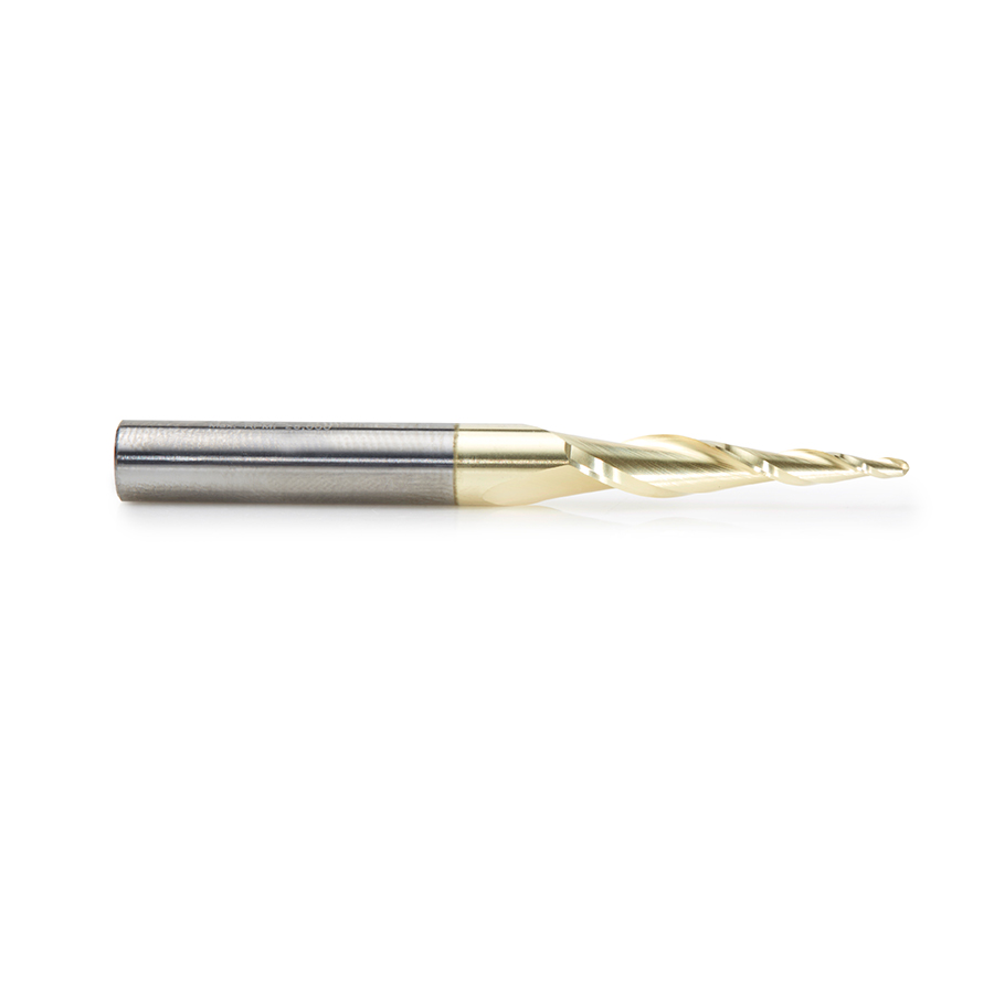 46252 CNC 2D and 3D Carving 5.5 Deg Tapered Angle Ball Tip x 1/16 Dia x 1/32 Radius x 1 x 1/4 Shank x 2-23/64 Inch Long x 2 Flute Solid Carbide Up-Cut Spiral ZrN Coated Router Bit