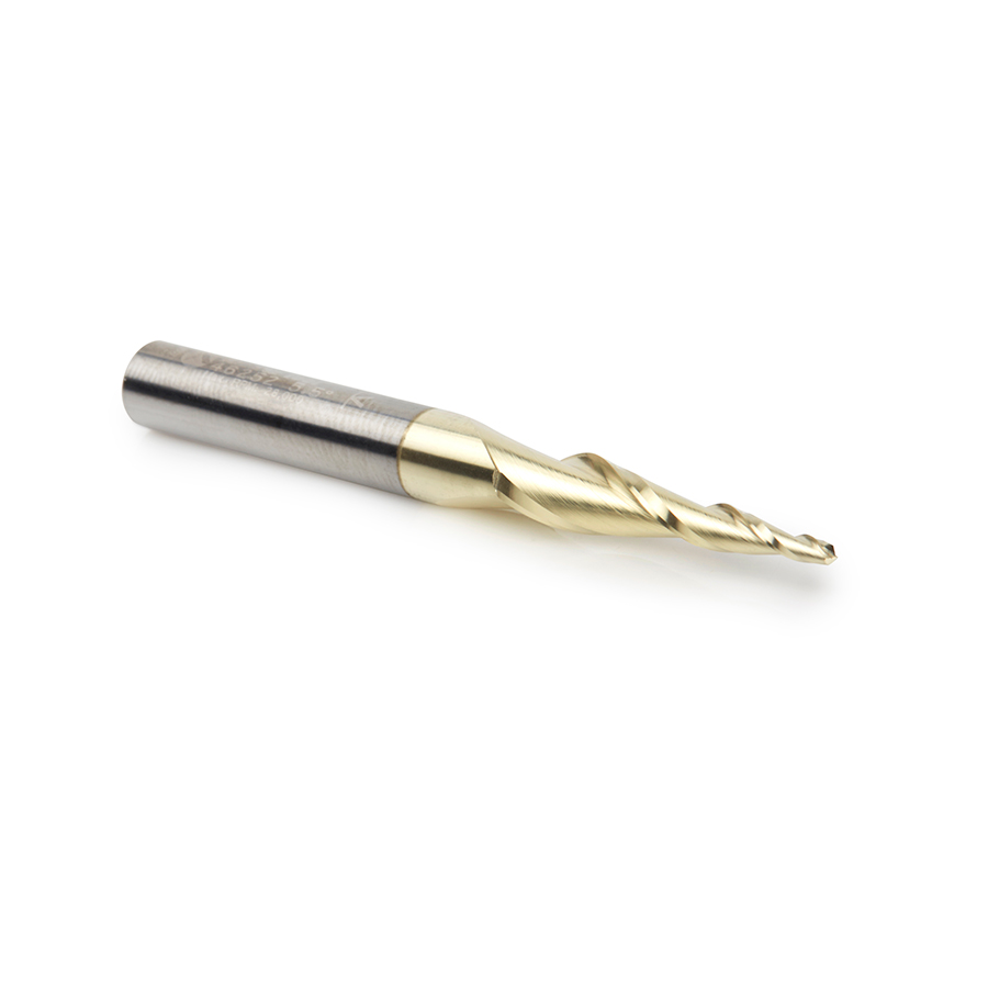 46252 CNC 2D and 3D Carving 5.5 Deg Tapered Angle Ball Tip x 1/16 Dia x 1/32 Radius x 1 x 1/4 Shank x 2-23/64 Inch Long x 2 Flute Solid Carbide Up-Cut Spiral ZrN Coated Router Bit