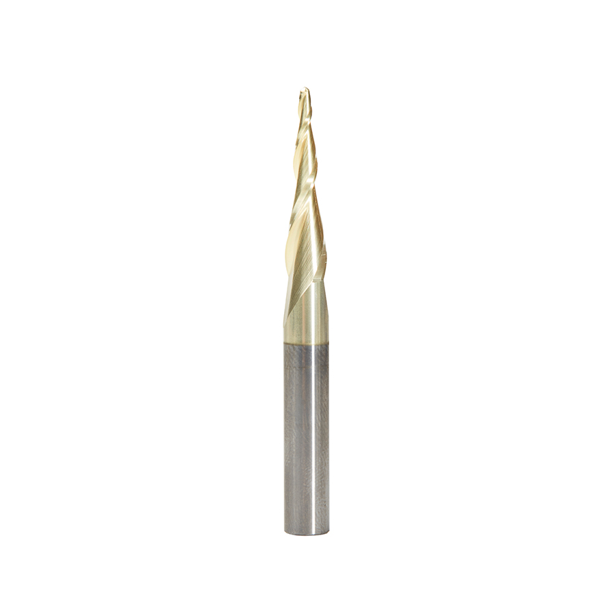 46252 CNC 2D and 3D Carving 5.5 Deg Tapered Angle Ball Tip x 1/16 Dia x 1/32 Radius x 1 x 1/4 Shank x 2-23/64 Inch Long x 2 Flute Solid Carbide Up-Cut Spiral ZrN Coated Router Bit