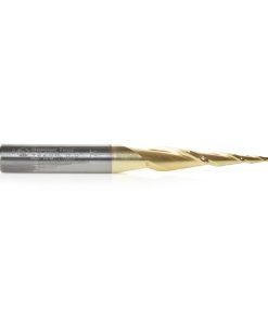 46256 CNC 2D and 3D Carving 5.4 Deg Tapered Angle Ball Tip x 1mm Dia x 0.5mm Radius x 1-7/64 x 1/4 Shank x 2-23/64 Inch Long x 2 Flute Solid Carbide Up-Cut Spiral ZrN Coated Router Bit
