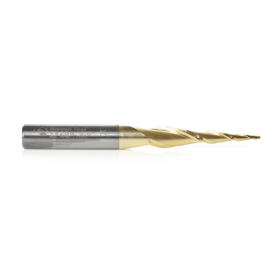 46256 CNC 2D and 3D Carving 5.4 Deg Tapered Angle Ball Tip x 1mm Dia x 0.5mm Radius x 1-7/64 x 1/4 Shank x 2-23/64 Inch Long x 2 Flute Solid Carbide Up-Cut Spiral ZrN Coated Router Bit