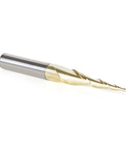 46256 CNC 2D and 3D Carving 5.4 Deg Tapered Angle Ball Tip x 1mm Dia x 0.5mm Radius x 1-7/64 x 1/4 Shank x 2-23/64 Inch Long x 2 Flute Solid Carbide Up-Cut Spiral ZrN Coated Router Bit