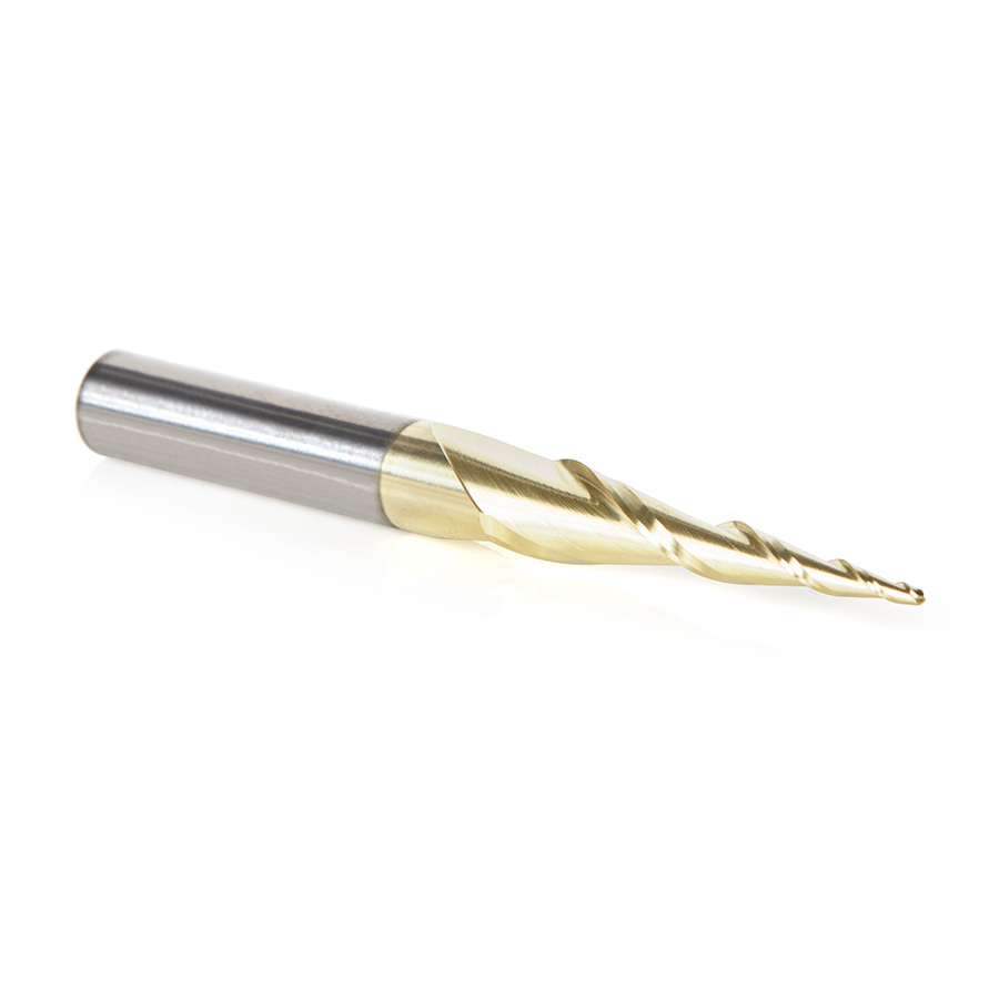 46256 CNC 2D and 3D Carving 5.4 Deg Tapered Angle Ball Tip x 1mm Dia x 0.5mm Radius x 1-7/64 x 1/4 Shank x 2-23/64 Inch Long x 2 Flute Solid Carbide Up-Cut Spiral ZrN Coated Router Bit