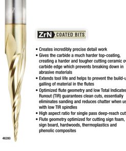46281 CNC 2D and 3D Carving 3.6 Deg Tapered Angle Ball Tip 1/16 Dia x 1/32 Radius x 1-1/2 x 1/4 Shank x 3 Inch Long x 3 Flute Solid Carbide Up-Cut Spiral ZrN Coated Router Bit