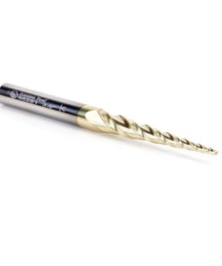 46281 CNC 2D and 3D Carving 3.6 Deg Tapered Angle Ball Tip 1/16 Dia x 1/32 Radius x 1-1/2 x 1/4 Shank x 3 Inch Long x 3 Flute Solid Carbide Up-Cut Spiral ZrN Coated Router Bit