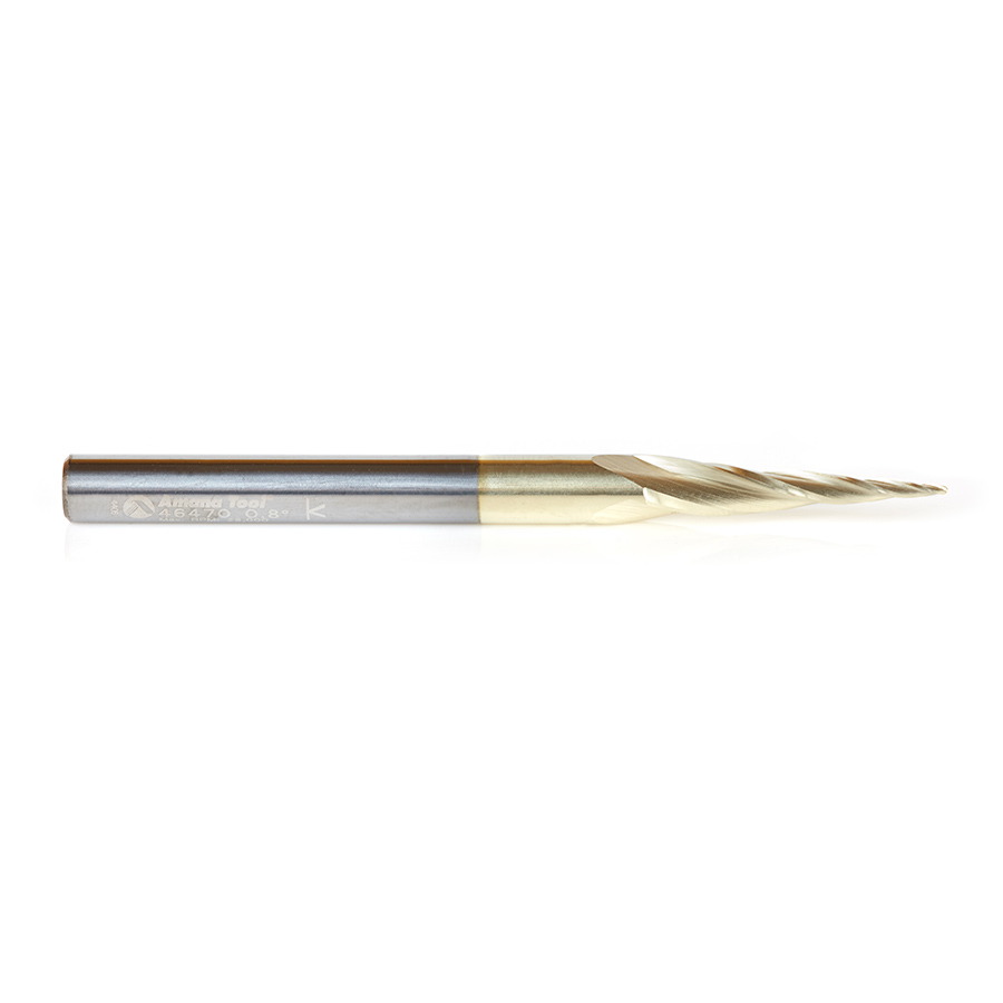 46470 CNC 2D and 3D Carving 6.2 Deg Tapered Angle Ball Tip x 0.8mm Dia x 0.40mm Radius x 25mm x 6mm Shank x 75mm Long x 3 Flute Up-Cut Spiral Solid Carbide ZrN Coated