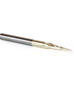 46470 CNC 2D and 3D Carving 6.2 Deg Tapered Angle Ball Tip x 0.8mm Dia x 0.40mm Radius x 25mm x 6mm Shank x 75mm Long x 3 Flute Up-Cut Spiral Solid Carbide ZrN Coated