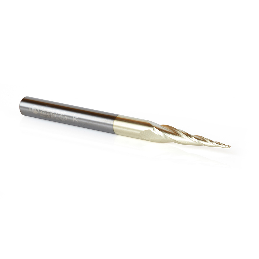 46470 CNC 2D and 3D Carving 6.2 Deg Tapered Angle Ball Tip x 0.8mm Dia x 0.40mm Radius x 25mm x 6mm Shank x 75mm Long x 3 Flute Up-Cut Spiral Solid Carbide ZrN Coated
