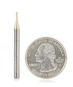 46471 CNC 2D and 3D Carving 0.10 Deg Tapered Angle Ball Tip x 1mm (.0394") Dia x 0.5mm (.019") Radius x 3mm (.118") x 3.175mm (1/8) Shank x 38.1mm (1-1/2) Long x 3 Flute Up-Cut Spiral Solid Carbide ZrN Coated