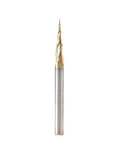 46473 CNC 2D and 3D Carving 6.2 Deg Tapered Angle Ball Tip x 0.5mm Dia x 0.25mm Radius x 26.5mm x 6mm Shank x 75mm Long x 3 Flute Up-Cut Spiral Solid Carbide ZrN Coated