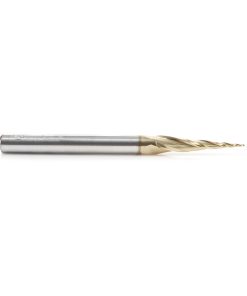 46473 CNC 2D and 3D Carving 6.2 Deg Tapered Angle Ball Tip x 0.5mm Dia x 0.25mm Radius x 26.5mm x 6mm Shank x 75mm Long x 3 Flute Up-Cut Spiral Solid Carbide ZrN Coated