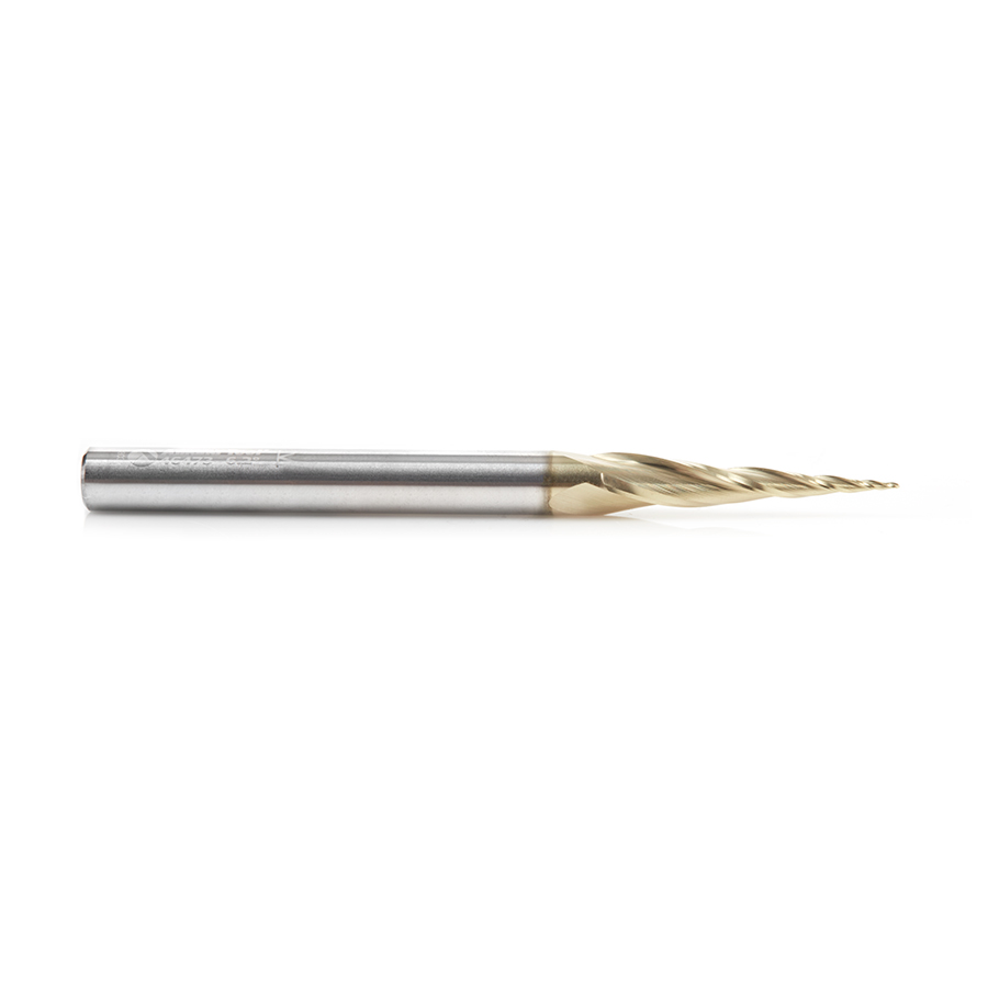 46473 CNC 2D and 3D Carving 6.2 Deg Tapered Angle Ball Tip x 0.5mm Dia x 0.25mm Radius x 26.5mm x 6mm Shank x 75mm Long x 3 Flute Up-Cut Spiral Solid Carbide ZrN Coated