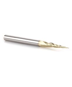 46473 CNC 2D and 3D Carving 6.2 Deg Tapered Angle Ball Tip x 0.5mm Dia x 0.25mm Radius x 26.5mm x 6mm Shank x 75mm Long x 3 Flute Up-Cut Spiral Solid Carbide ZrN Coated