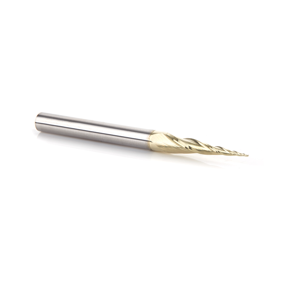 46473 CNC 2D and 3D Carving 6.2 Deg Tapered Angle Ball Tip x 0.5mm Dia x 0.25mm Radius x 26.5mm x 6mm Shank x 75mm Long x 3 Flute Up-Cut Spiral Solid Carbide ZrN Coated