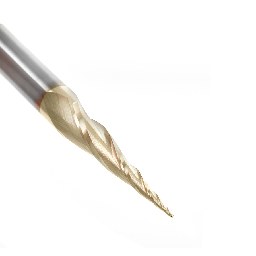 46473 CNC 2D and 3D Carving 6.2 Deg Tapered Angle Ball Tip x 0.5mm Dia x 0.25mm Radius x 26.5mm x 6mm Shank x 75mm Long x 3 Flute Up-Cut Spiral Solid Carbide ZrN Coated