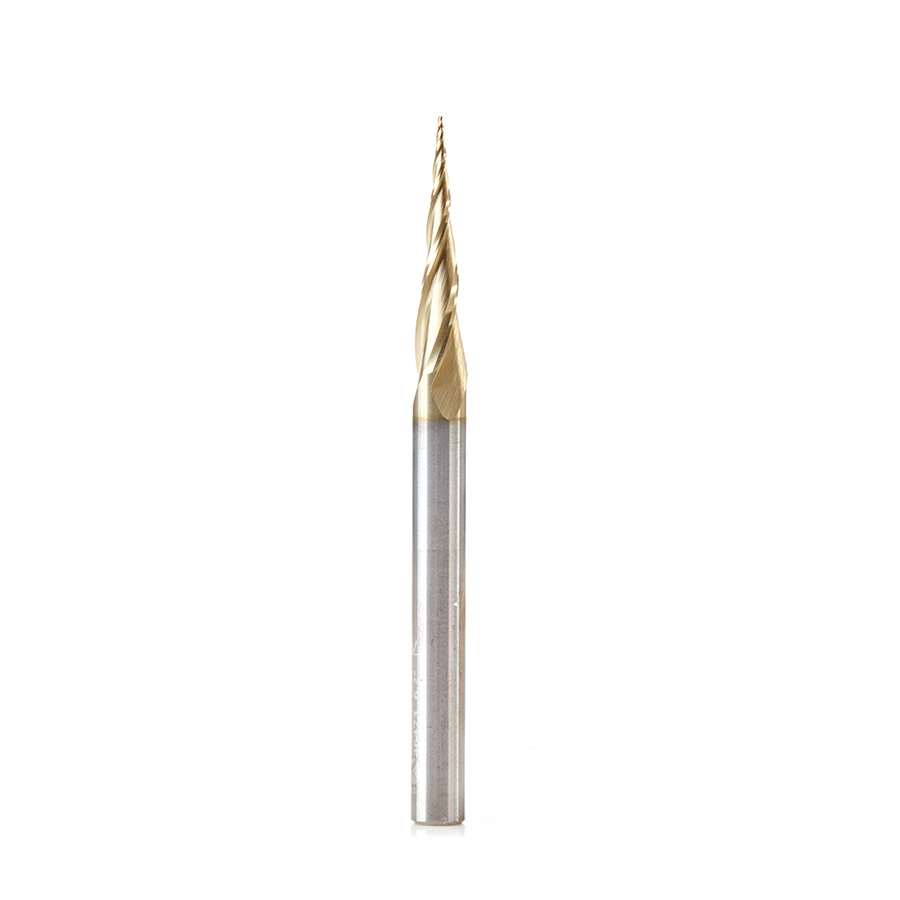 46473 CNC 2D and 3D Carving 6.2 Deg Tapered Angle Ball Tip x 0.5mm Dia x 0.25mm Radius x 26.5mm x 6mm Shank x 75mm Long x 3 Flute Up-Cut Spiral Solid Carbide ZrN Coated