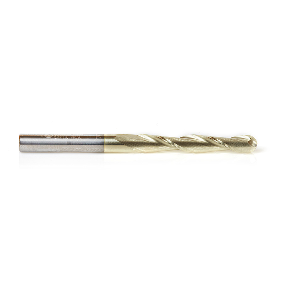 46479 Metric CNC 2D and 3D Carving 0.10 Deg Straight Angle Ball Tip x 6mm Dia x 3mm Radius x 38mm x 6mm Shank x 75mm Long x 2 Flute Solid Carbide ZrN Coated Router Bit