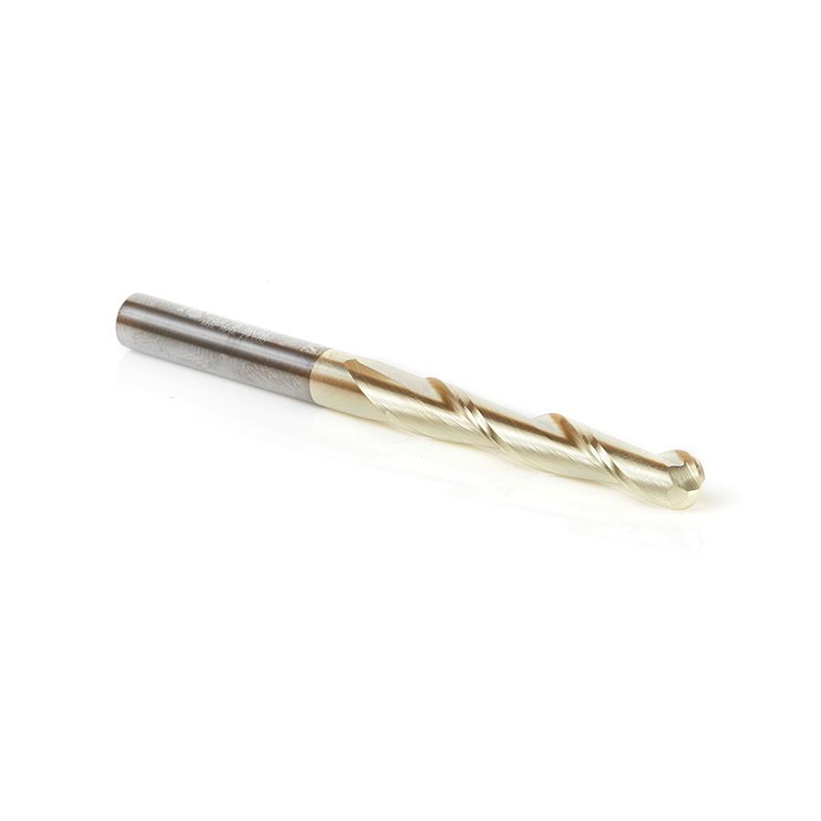 46479 Metric CNC 2D and 3D Carving 0.10 Deg Straight Angle Ball Tip x 6mm Dia x 3mm Radius x 38mm x 6mm Shank x 75mm Long x 2 Flute Solid Carbide ZrN Coated Router Bit