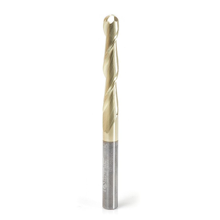 46479 Metric CNC 2D and 3D Carving 0.10 Deg Straight Angle Ball Tip x 6mm Dia x 3mm Radius x 38mm x 6mm Shank x 75mm Long x 2 Flute Solid Carbide ZrN Coated Router Bit