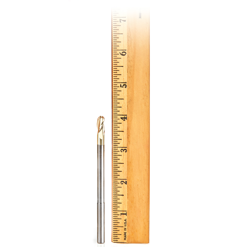 46490 Extra Long CNC 2D and 3D Carving Ball Nose 0.10 Deg Straight Angle x 1/4 Dia x 1/8 Radius x 1/2 x 1/4 Shank x 3 Flute ZrN Coated Reduced Shank Router Bit