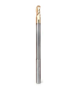 46490 Extra Long CNC 2D and 3D Carving Ball Nose 0.10 Deg Straight Angle x 1/4 Dia x 1/8 Radius x 1/2 x 1/4 Shank x 3 Flute ZrN Coated Reduced Shank Router Bit