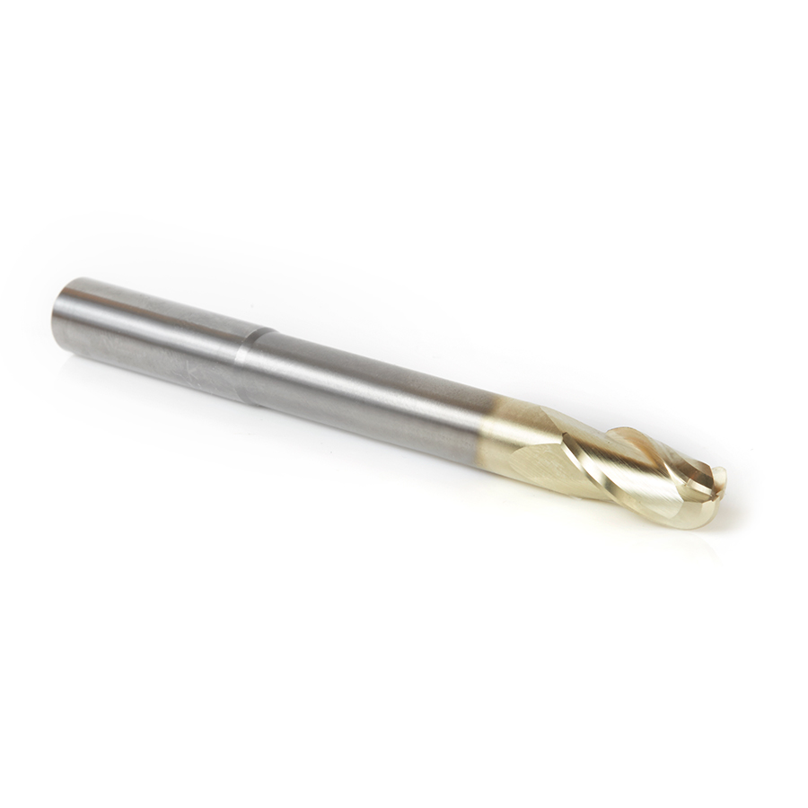 46491 Extra Long CNC 2D and 3D Carving Ball Nose 0.10 Deg Straight Angle x 3/8 Dia x 3/16 Radius x 3/4 x 3/8 Shank x 4 Inch Long x 3 Flute Solid Carbide ZrN Coated Reduced Shank Router Bit