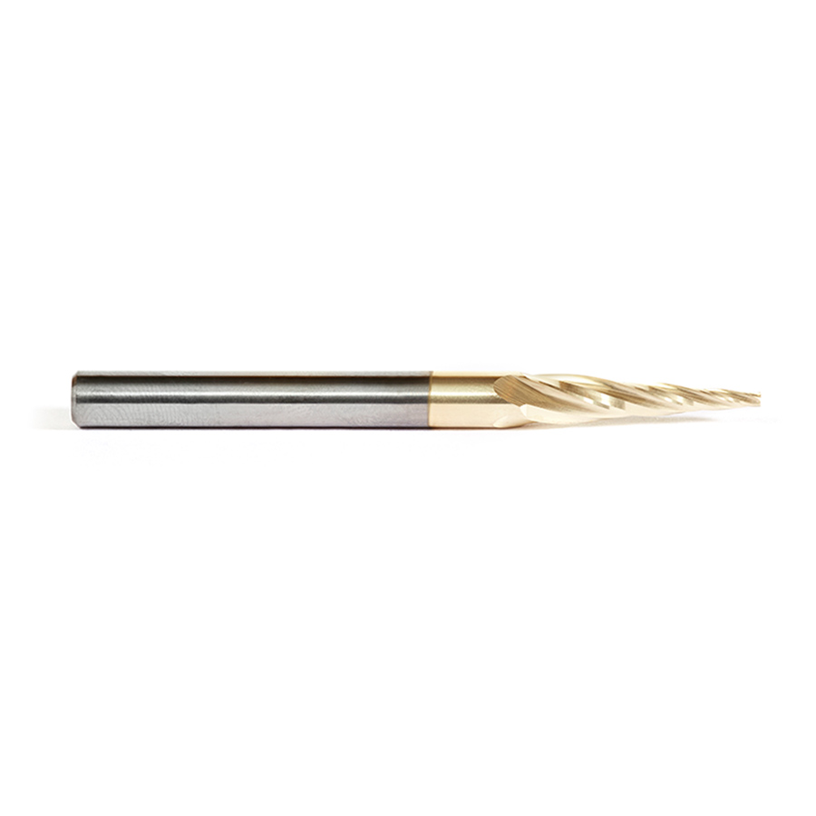 46572 CNC 2D and 3D Carving Flat Bottom 5.4 Deg Angle x 1/16 Dia x 1 x 1/4 Shank x 3 Inch Long x 4 Flute Solid Carbide ZrN Coated Router Bit