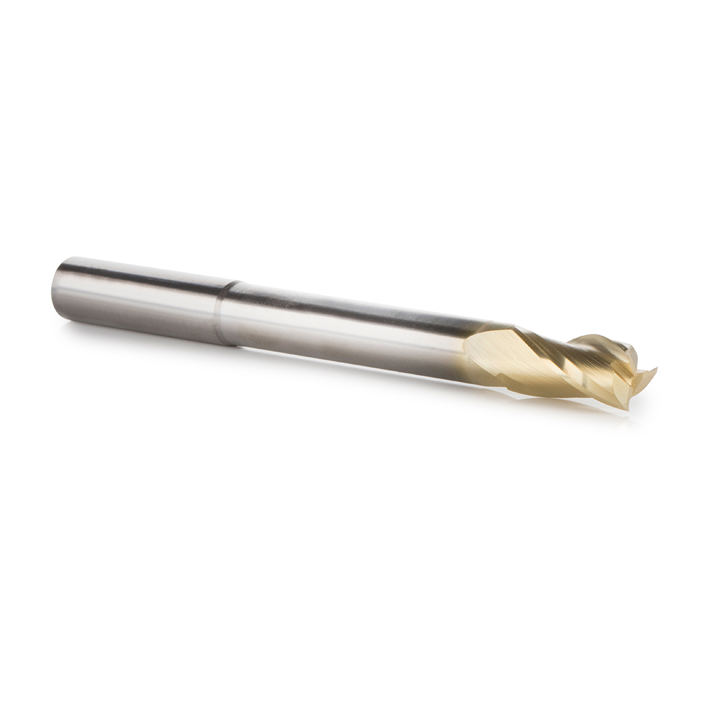46591 Extra Long CNC 2D and 3D Carving Flat Bottom 0.10 Deg Straight Angle x 3/8 Dia x 3/4 x 3/8 Shank x 4 Inch Long x 3 Flute Solid Carbide ZrN Coated Reduced Shank Router Bit