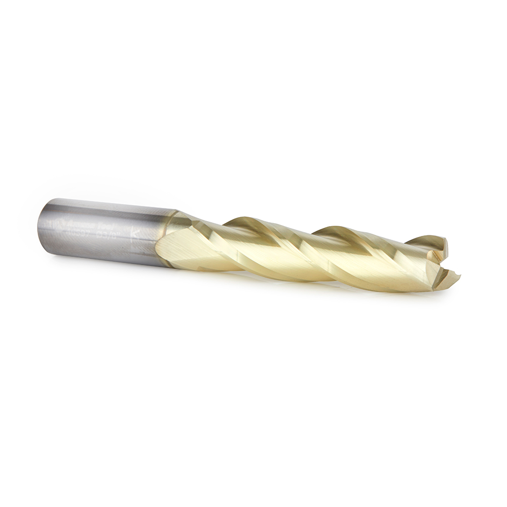 46597 CNC 2D and 3D Carving Flat Bottom 0.10 Deg Straight Angle x 3/8 Dia x 1-3/4 x 3/8 Shank x 3 Inch Long x 3 Flute Solid Carbide ZrN Coated Router Bit