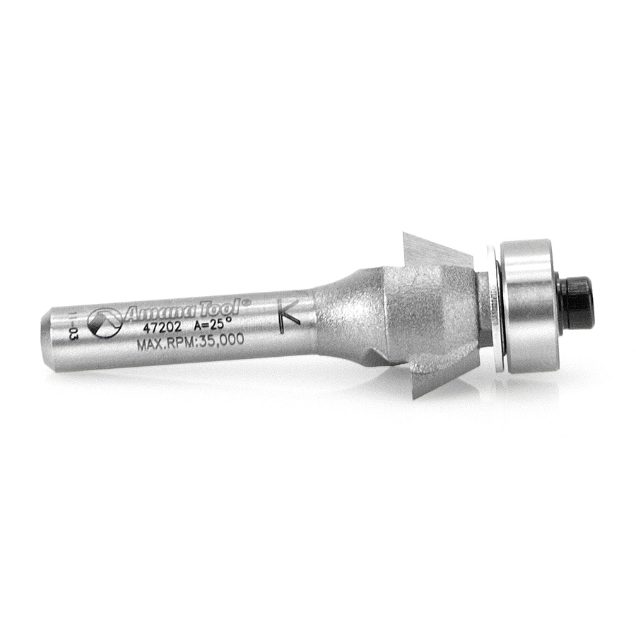 47202 Carbide Tipped Bevel Laminate Trim 25 Deg x 3/4 Dia x 1/4 x 1/4 Inch Shank with Ball Bearing