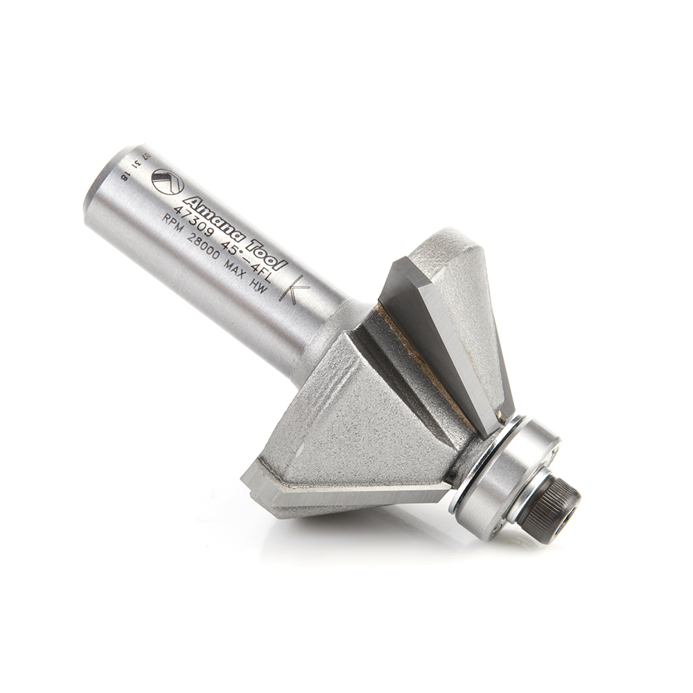 47309 Carbide Tipped Chamfer 45 Deg x 1-3/4 Dia x 3/4 x 1/2 Inch Shank with Ball Bearing 4-Flute