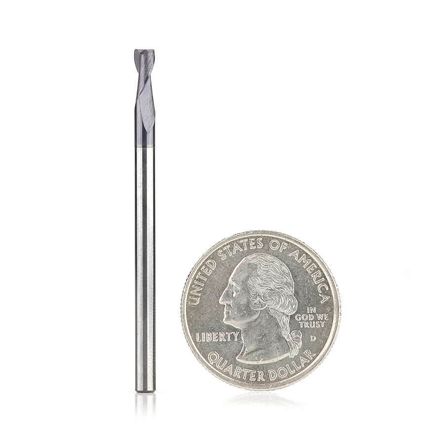 51461 CNC Solid Carbide Spiral for Steel & Stainless Steel with AlTiN Coating 2-Flute x 1/8 Dia x 1/4 x 1/8 Shank x 2 Inch Long Up-Cut Router Bit / 45º Corner Chamfer End Mill