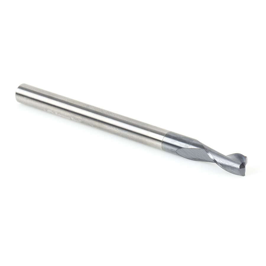 51463 CNC Solid Carbide Spiral for Steel & Stainless Steel with AlTiN Coating 2-Flute x 3/16 Dia x 3/8 x 3/16 Shank x 2-1/2 Inch Long Up-Cut Router Bit / 45º Corner Chamfer End Mill