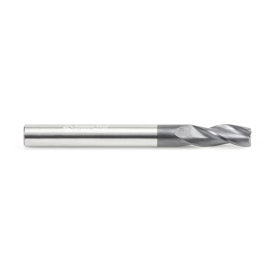 51464 CNC Solid Carbide Spiral for Steel & Stainless Steel with AlTiN Coating 3-Flute x 1/4 Dia x 5/8 x 1/4 Shank x 2-3/8 Inch Long Up-Cut Router Bit / 45º Corner Chamfer End Mill