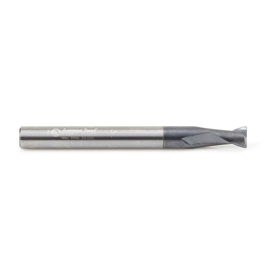 51465 CNC Solid Carbide Spiral for Steel & Stainless Steel with AlTiN Coating 2-Flute x 1/4 Dia x 3/8 x 1/4 Shank x 2-1/2 Inch Long Up-Cut Router Bit / 45º Corner Chamfer End Mill